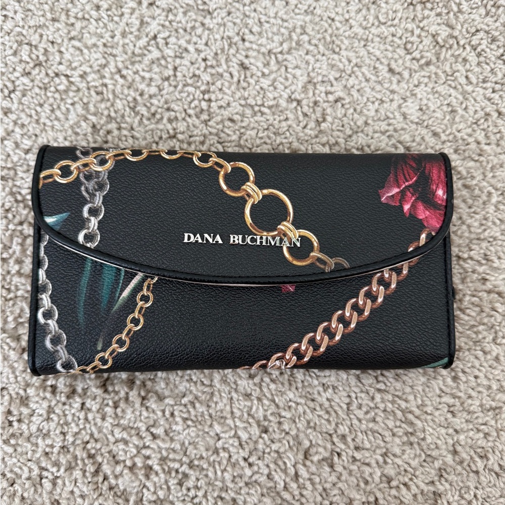 Dana Buchman Floral Chain Wallet Clutch Black Faux Leather Snap Closure